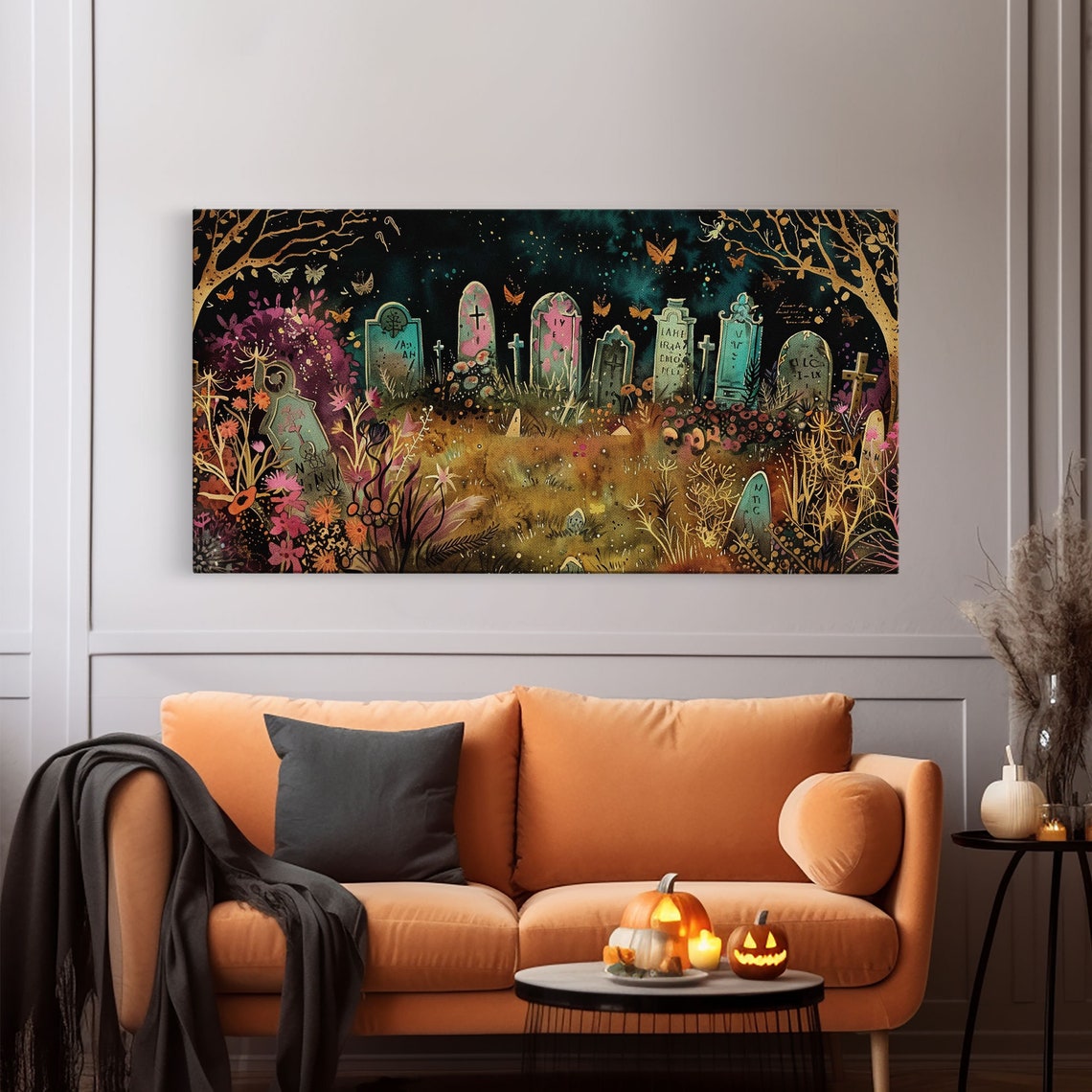 Colorful Spring Graveyard With Flowers Spooky Season Art Print