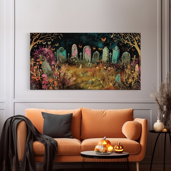 Colorful Spring Graveyard With Flowers Spooky Season Art Print