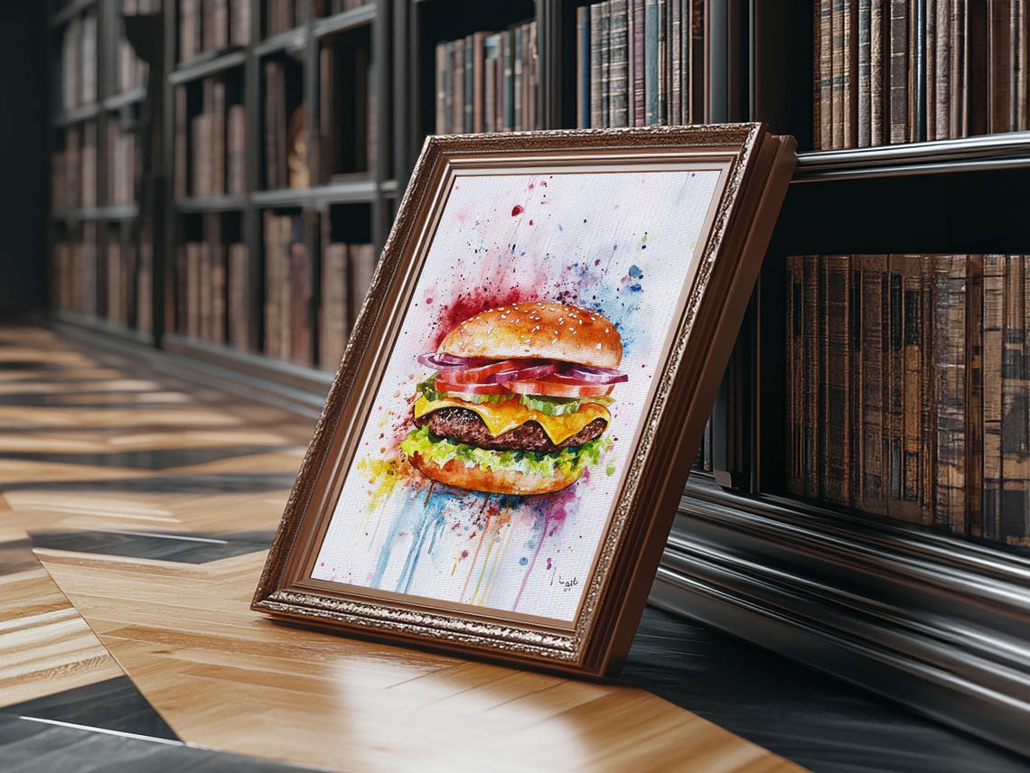 Watercolor Splatter Cheeseburger Colorful Kitchen Food Art Print - Image 4