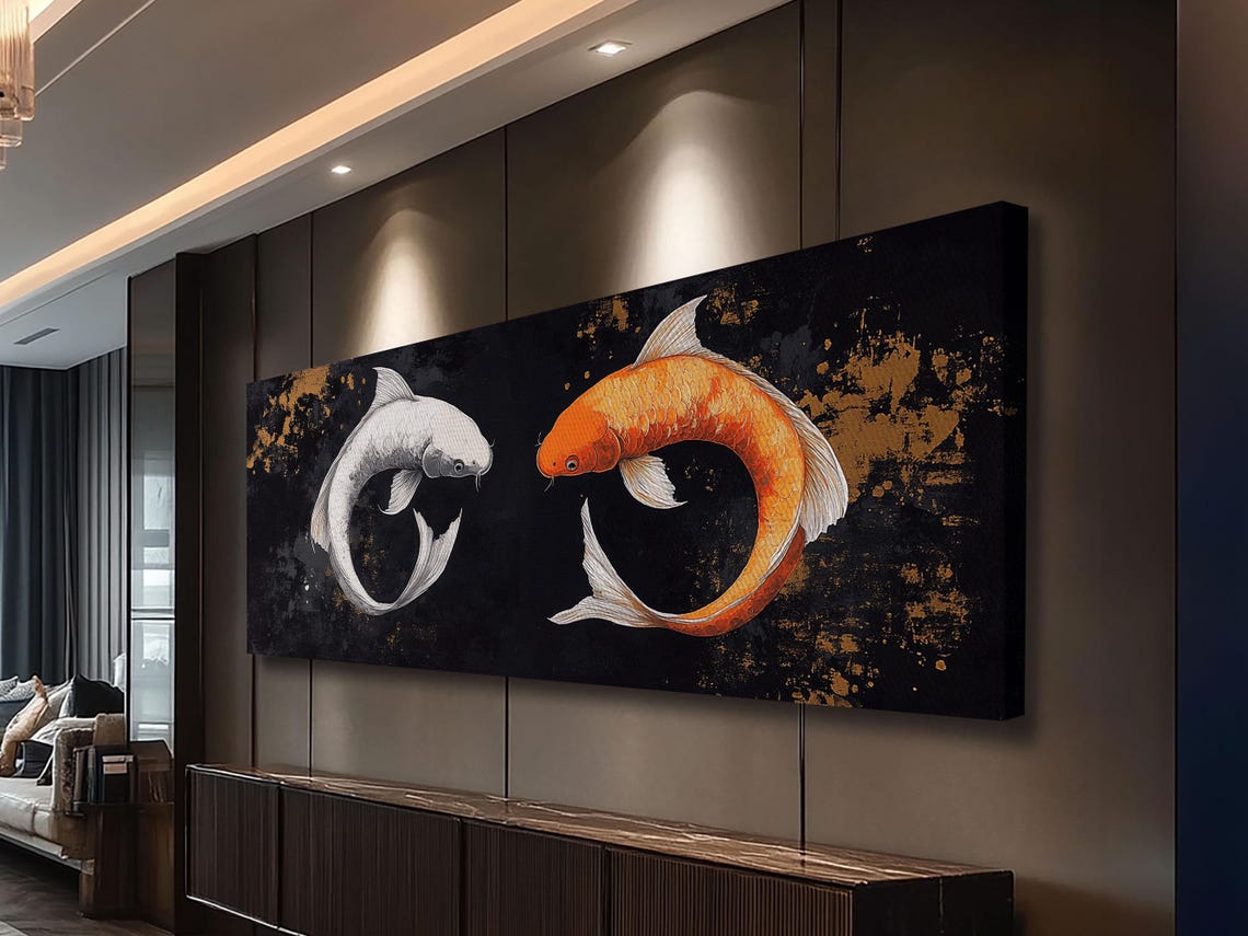 Yin Yang Koi Fish Pair Orange White Panoramic Japanese Painting Print - Image 2