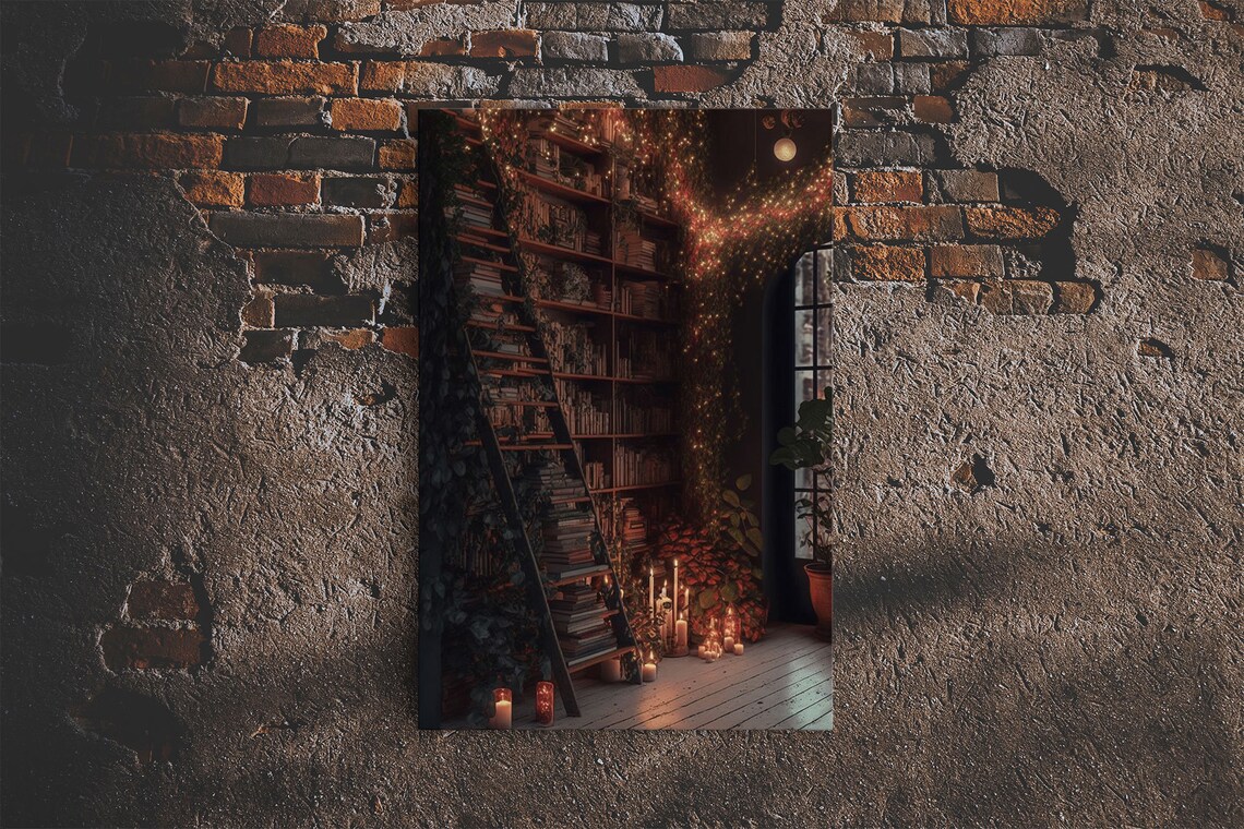 Dark Academia Moody Library Ladder Candlelit Bookshelves Art Poster - Image 5