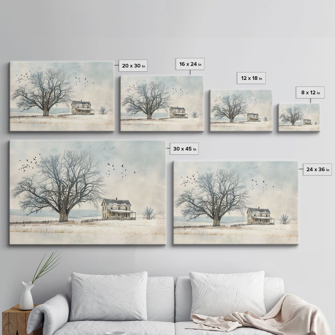 Winter Farm Snowy Field Farmhouse Bare Tree Birds Cold Morning Poster - Image 2