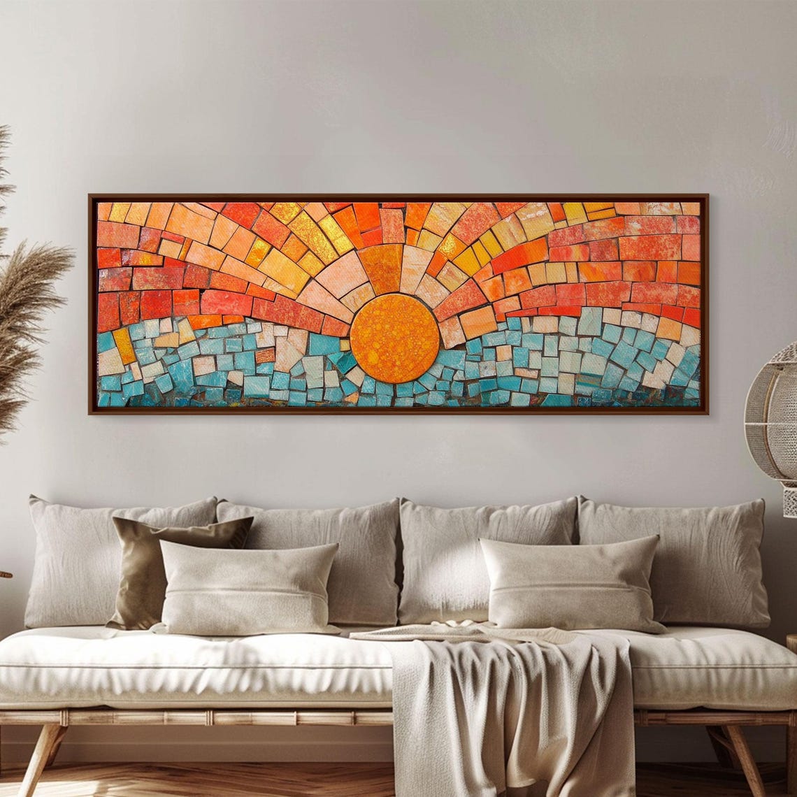 Panoramic Print Sunset Mosaic Print Wood Framed Wall Art Horizontal Abstract Art Wide Wall Art Above Bed Decor Framed - Image 6