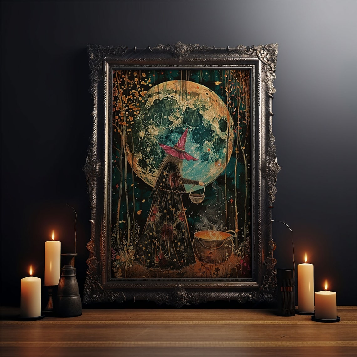 Witch Brewing Spells Under Full Moon Enchanted Halloween Art Print - Image 4