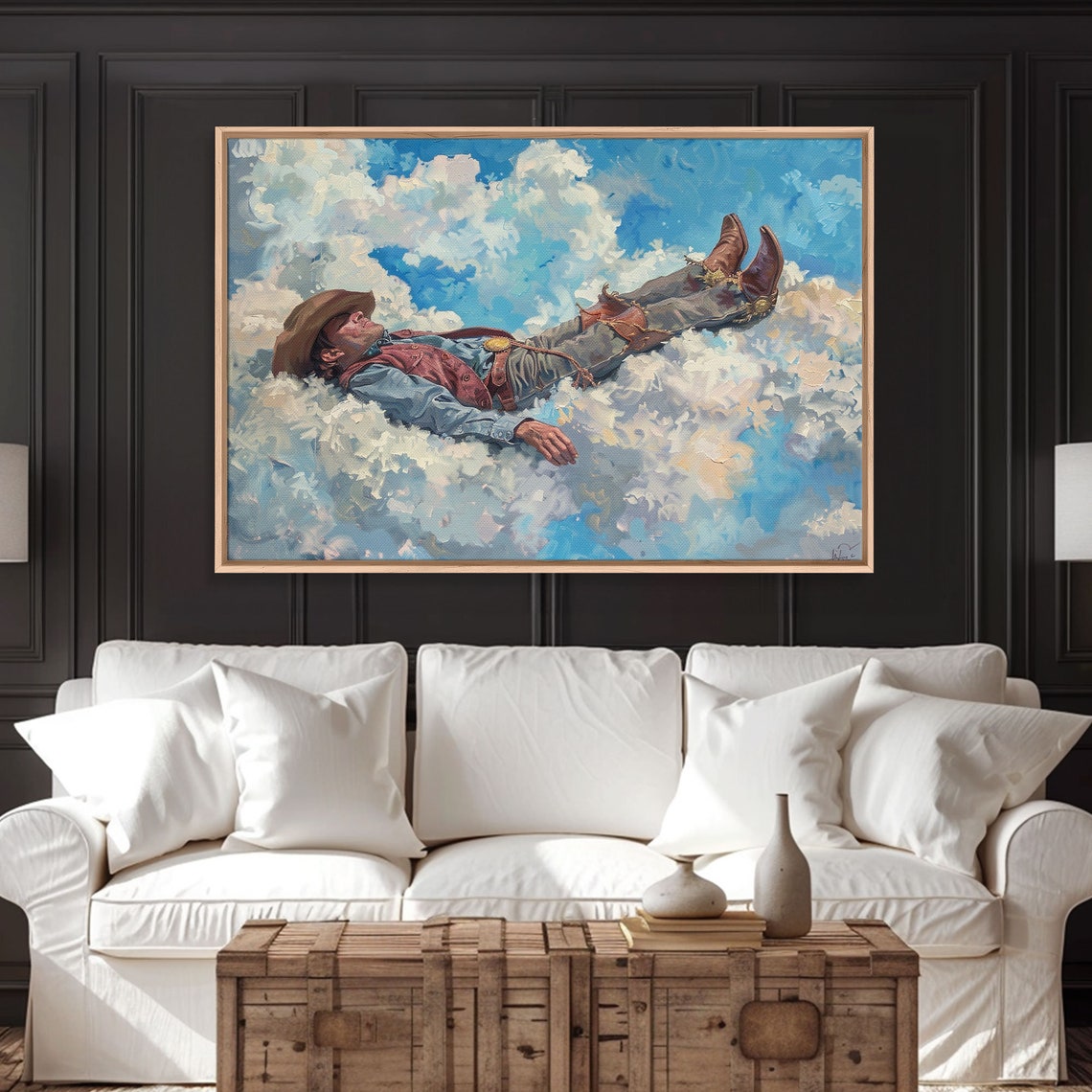 Cowboy Floating On White Clouds Dreamy Sky Western Art Poster - Image 5
