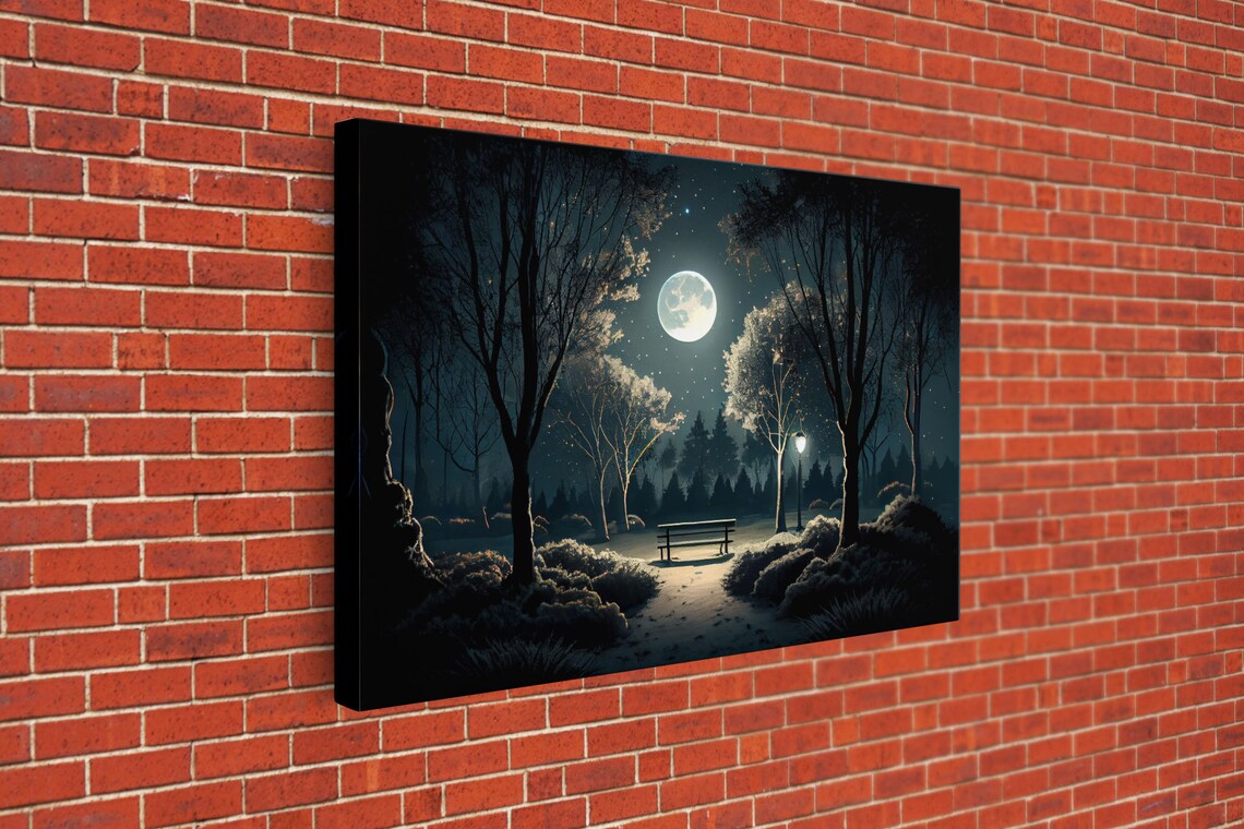 Snow Covered Park At Midnight, Full Moon Watercolor Art Print - Image 3