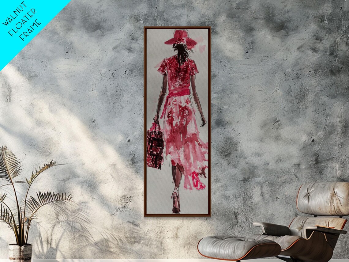 Fashion Illustration Watercolor Red Dress Walking Woman Vertical Art Poster - Image 5