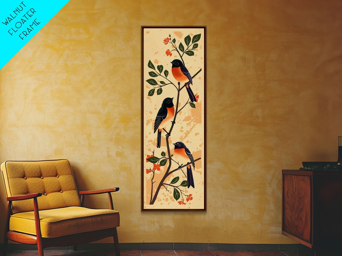 Three Songbirds Flowering Branch Folk Illustration Art Poster - Image 6