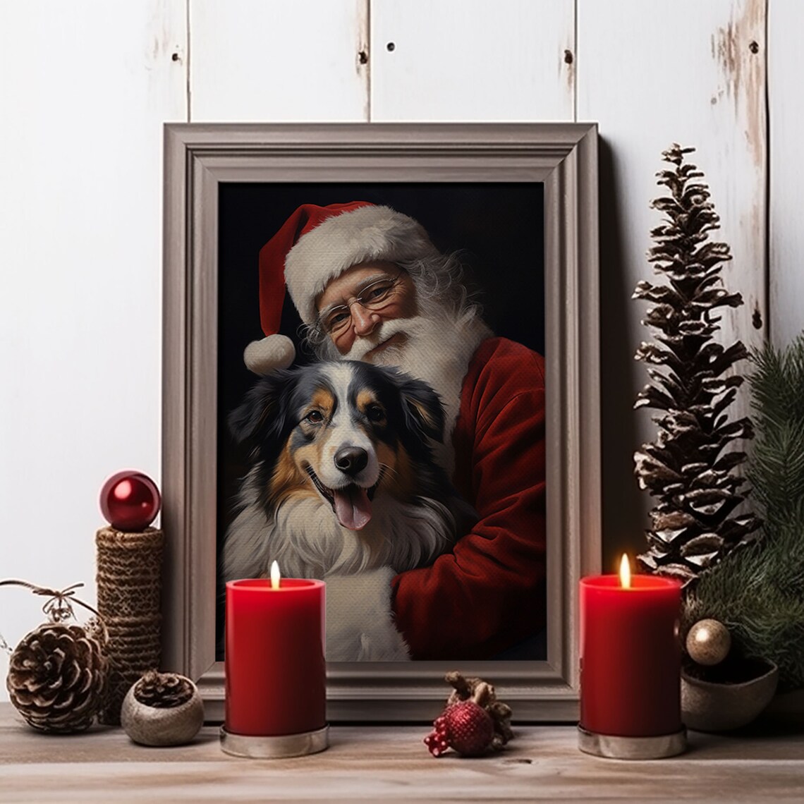 Santa Claus Cuddling Happy Australian Shepherd Christmas Poster - Image 3