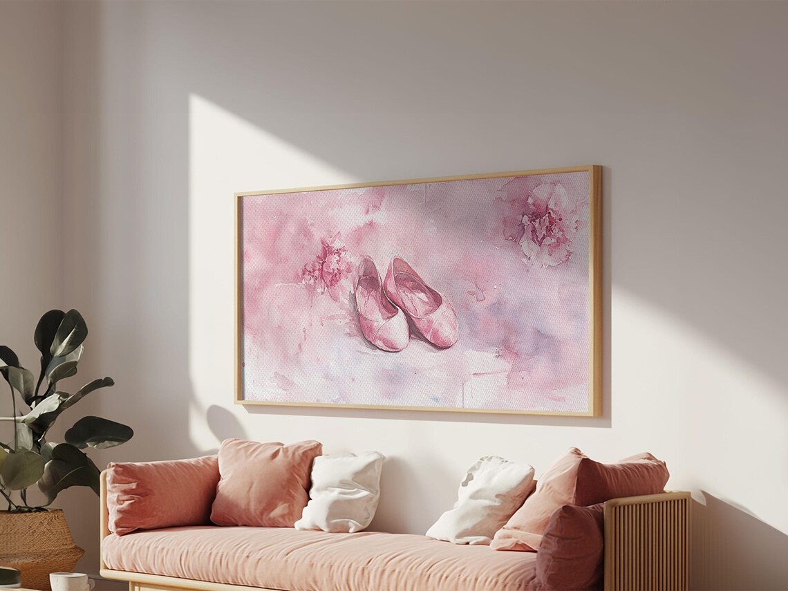 Pink Ballet Shoes Wide Horizontal Watercolor Dancer Pastel Art Poster - Image 3