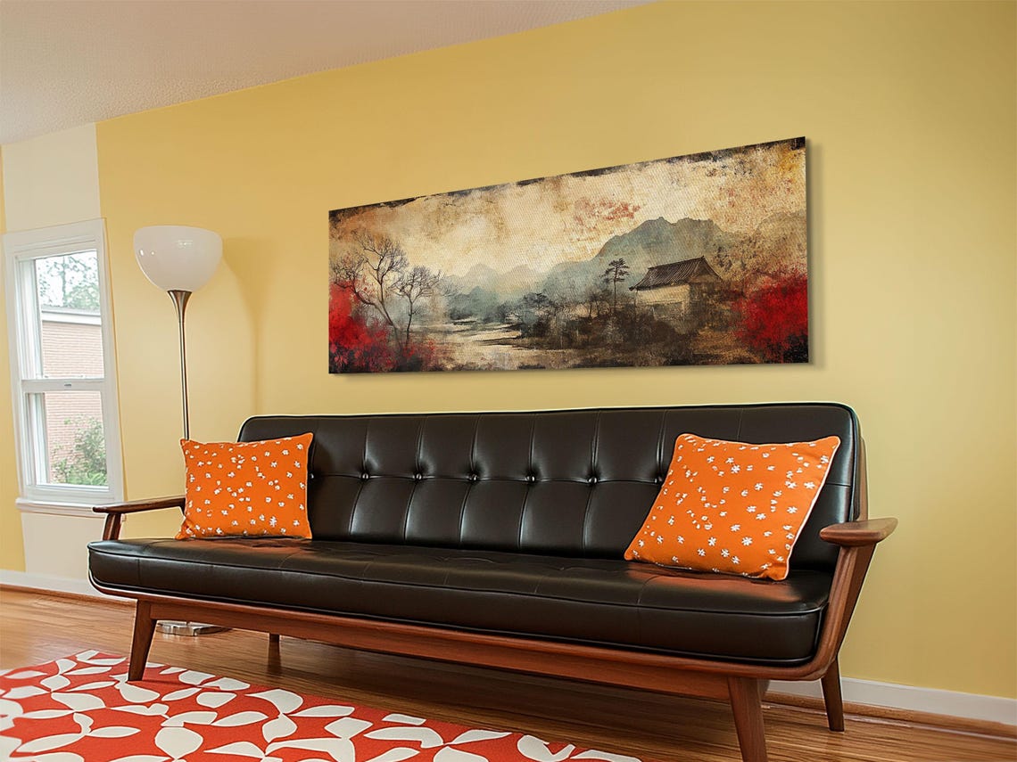 Japanese Misty Mountain Ink Painting Autumn Panoramic Wall Poster - Image 2