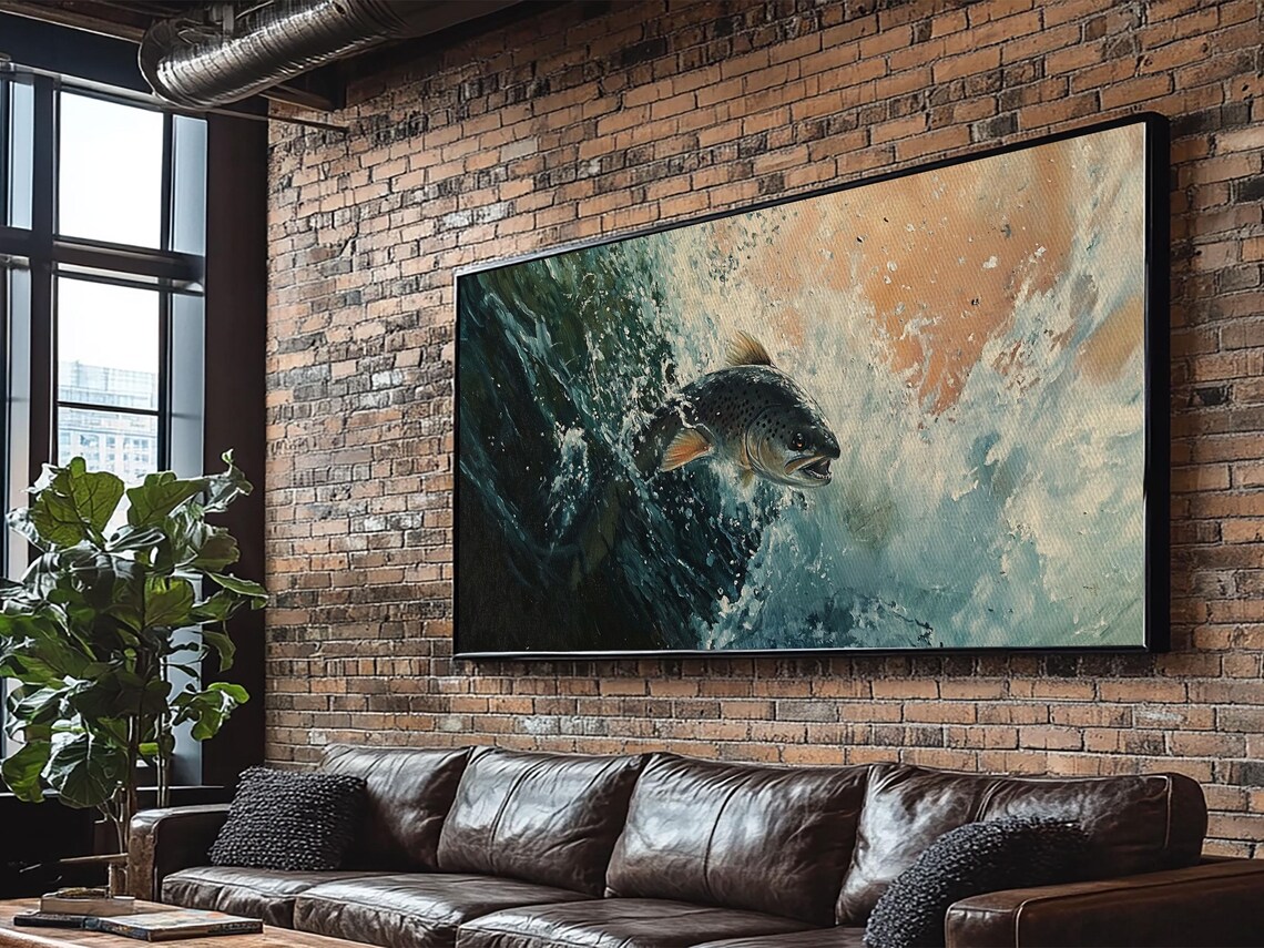 Leaping Trout Splash River Water Oil Painting Fisherman Wall Poster - Image 4