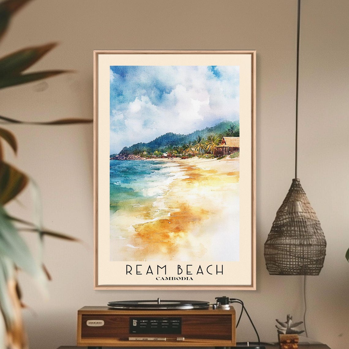 Ream Beach Cambodia Tropical Shoreline Watercolor Travel Poster - Image 3