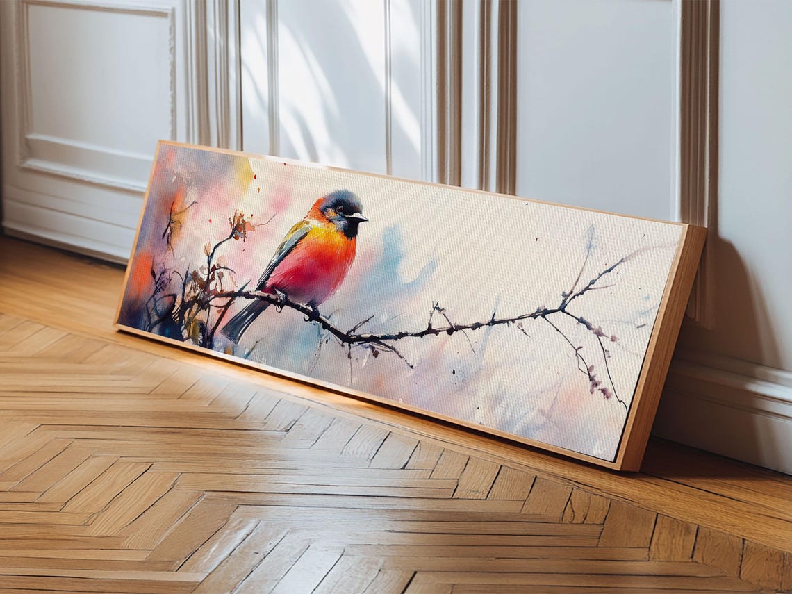 Autumn Colorful Songbird Watercolor Branch Panoramic Bird Wall Poster - Image 6
