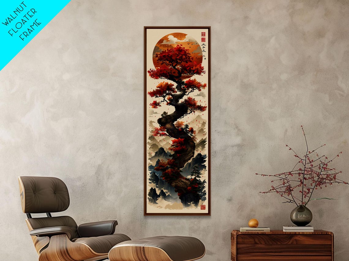 Majestic Bonsai Tree Under Golden Sun Red Leaves Tall Art Print - Image 4