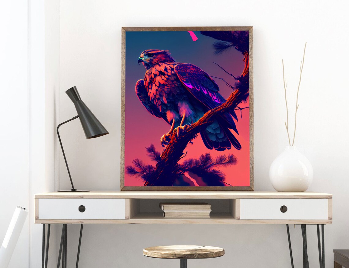 Hawk Perched on Branch, Purple Sunset Art Print - Image 4