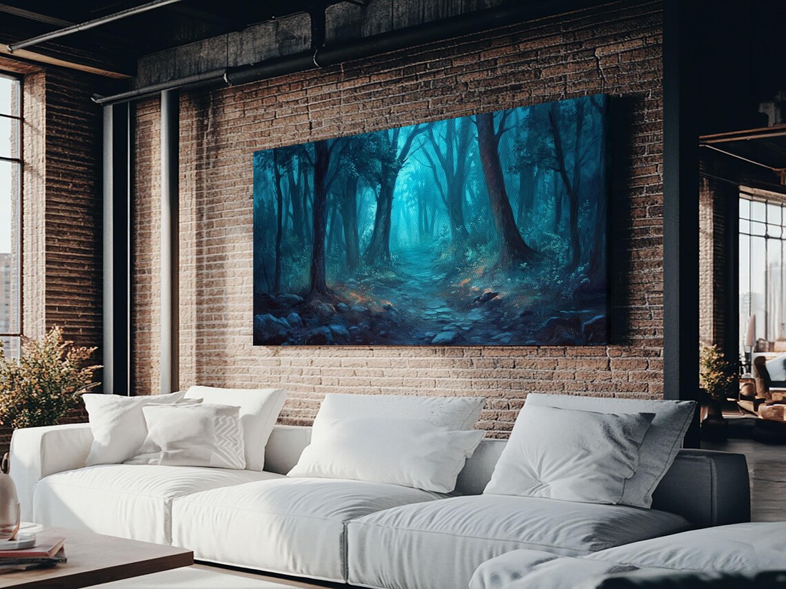 Dark Misty Forest Path Teal Fog Moody Woodland Painting Art Poster - Image 6