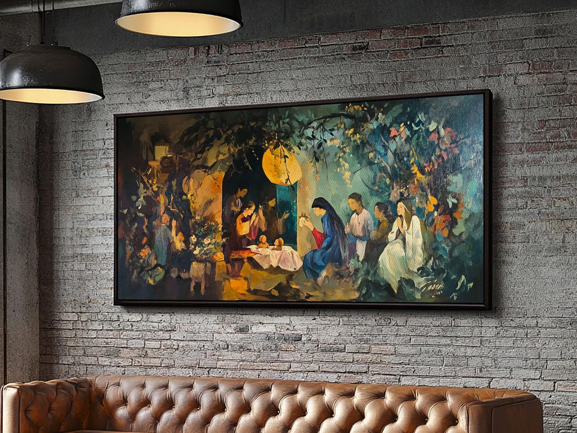 Nativity Stable Night Moonlight Jesus Manger Christian Art Poster - Image 6