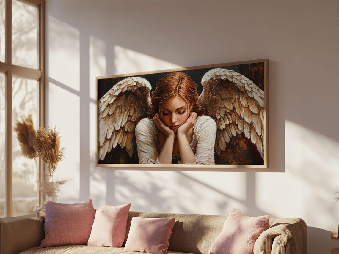 Pensive Angel Golden Feathered Wings Moody Renaissance Art Poster - Image 6