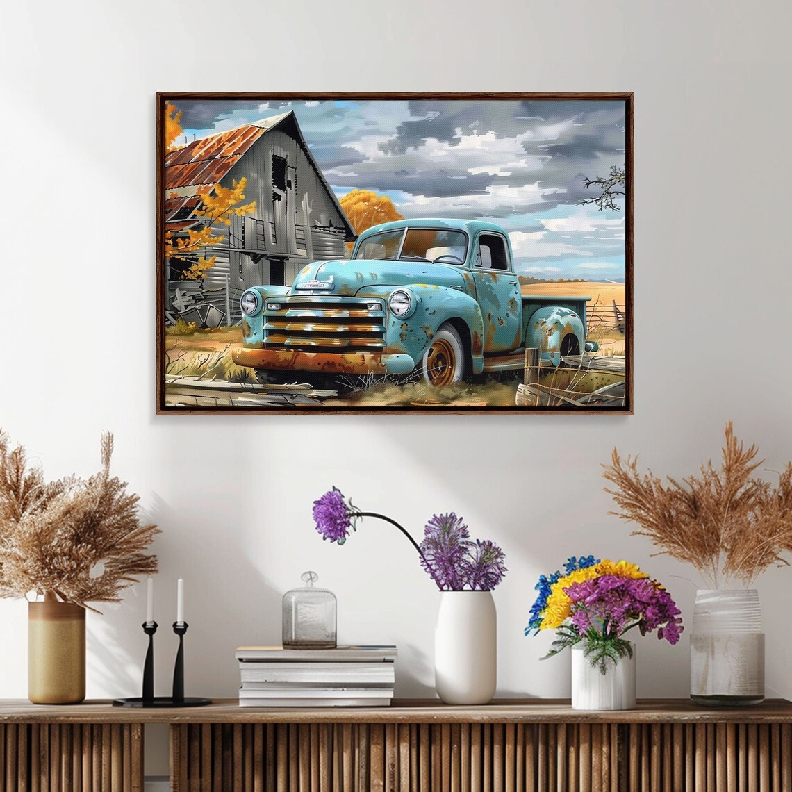 Rusty Teal Vintage Pickup Truck Old Barn Wheat Field Country Art Print - Image 3
