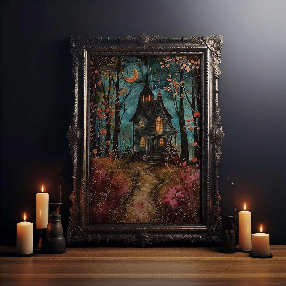 Enchanted Forest Pathway Witch Cottage Crescent Moon Art Poster - Image 3