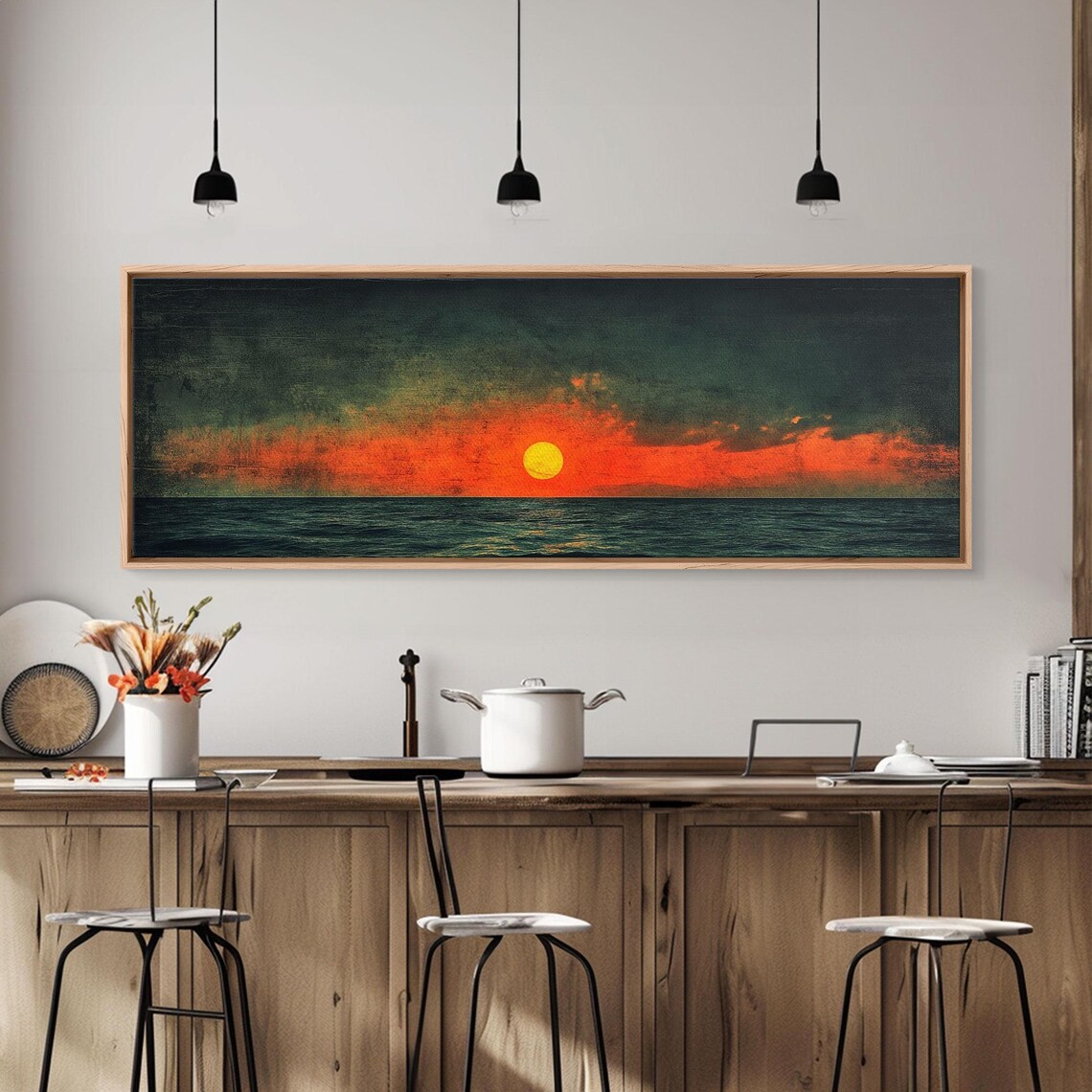 Fading Fire Sunrise Panoramic Ocean Fiery Clouds Yellow Sun Dark Sky Print - Image 5