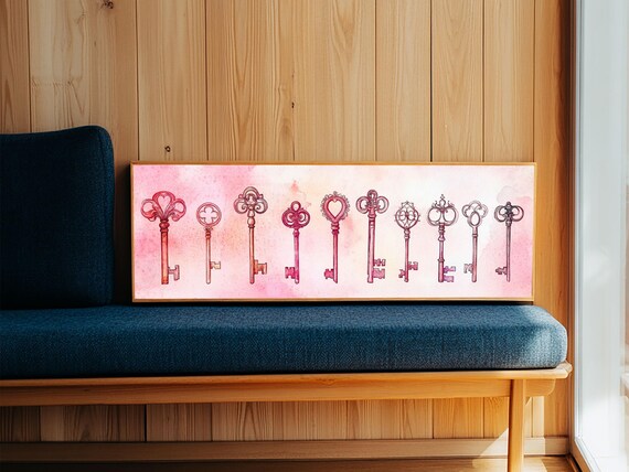 Vintage Skeleton Keys Row Pink Watercolor Decorative Panoramic Canvas Art Poster
