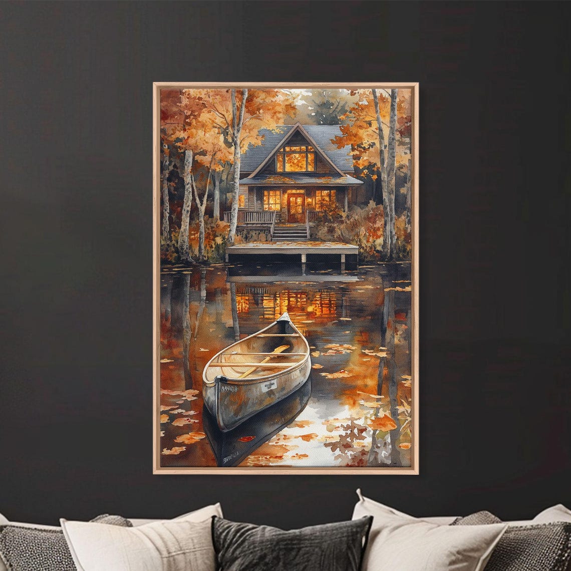 Autumn Lake House With Canoe On Water Golden Fall Reflections Poster