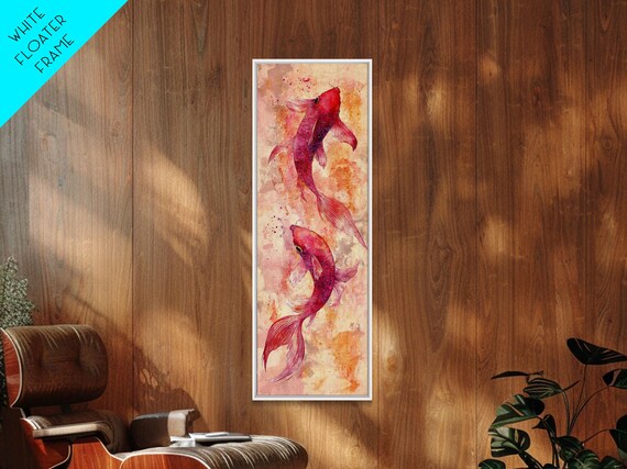 Koi Fish Watercolor Print Tall Vertical Wall Art Living Room Boho Pink Orange Art Rustic Decor Above Sofa Skinny Painting