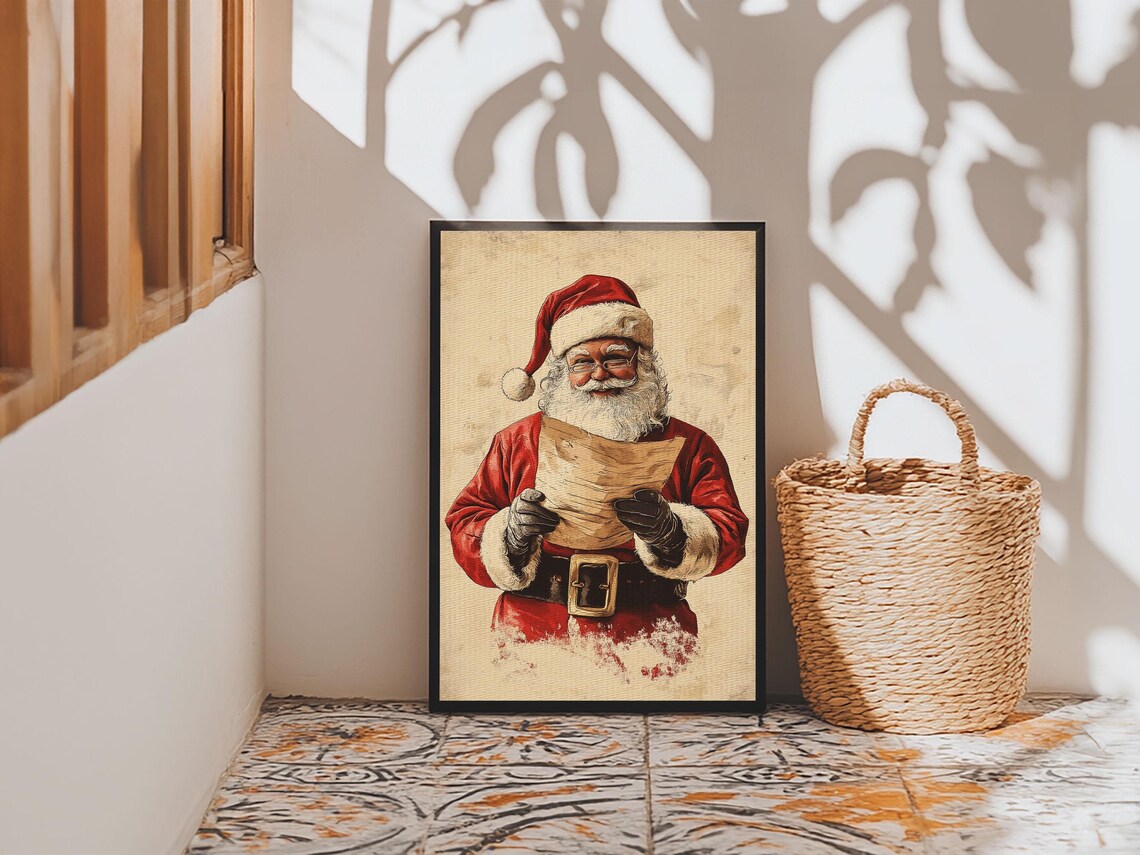 Santa Claus Reading His Long Christmas List Vintage Holiday Art Poster