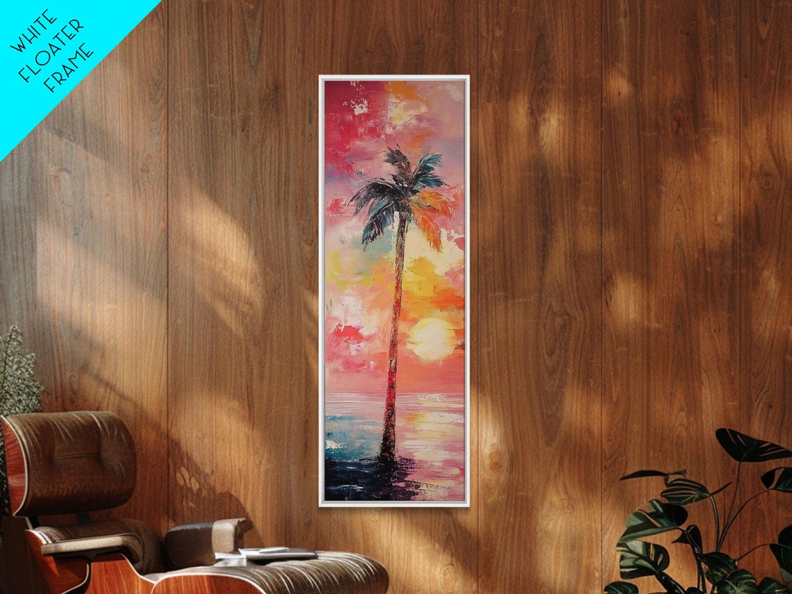 Palm Tree Sunset Ocean Vibrant Pink Impasto Coastal Wall Art - Image 5