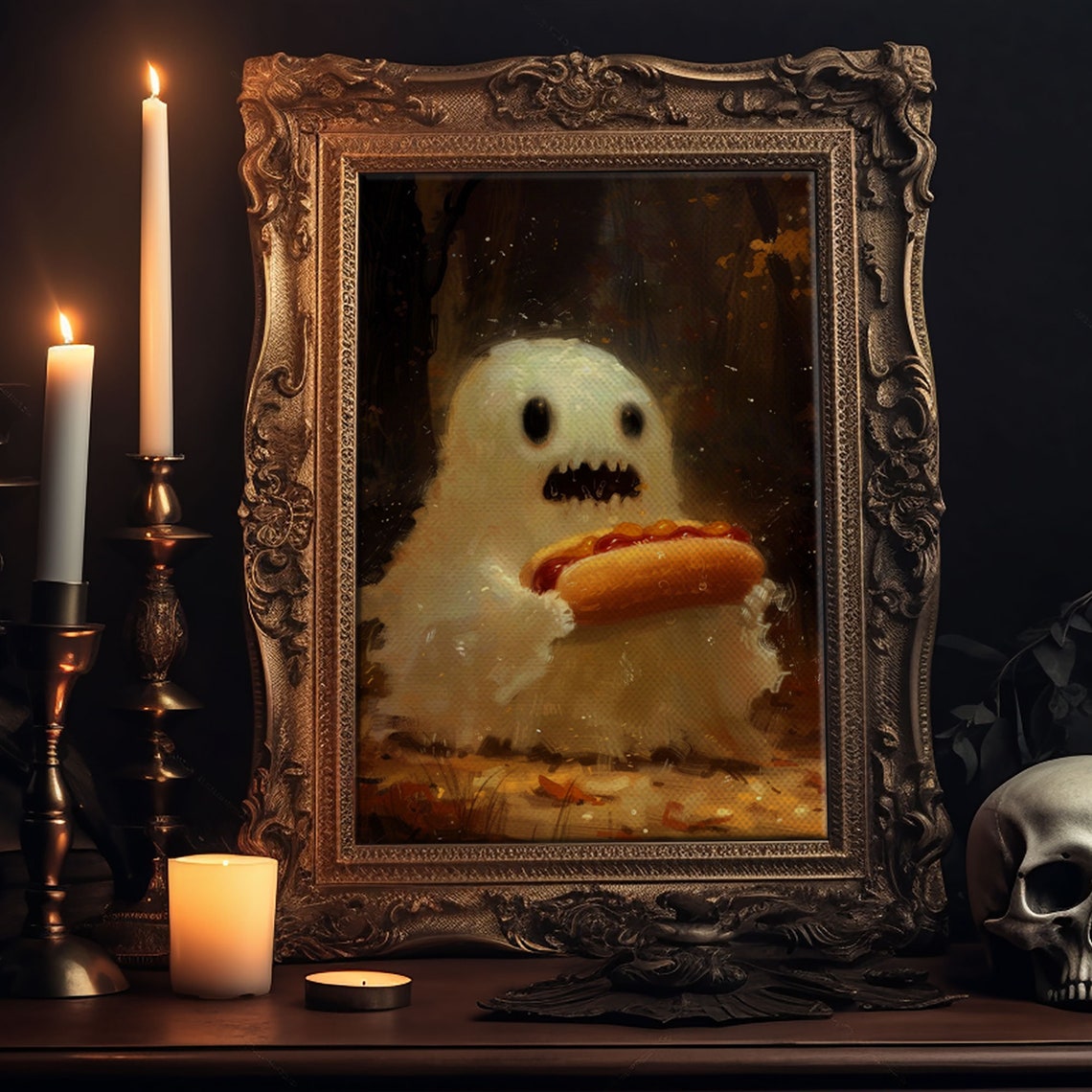 Cute Chubby Ghost Eating Hot Dog Autumn Forest Funny Art Poster - Image 6