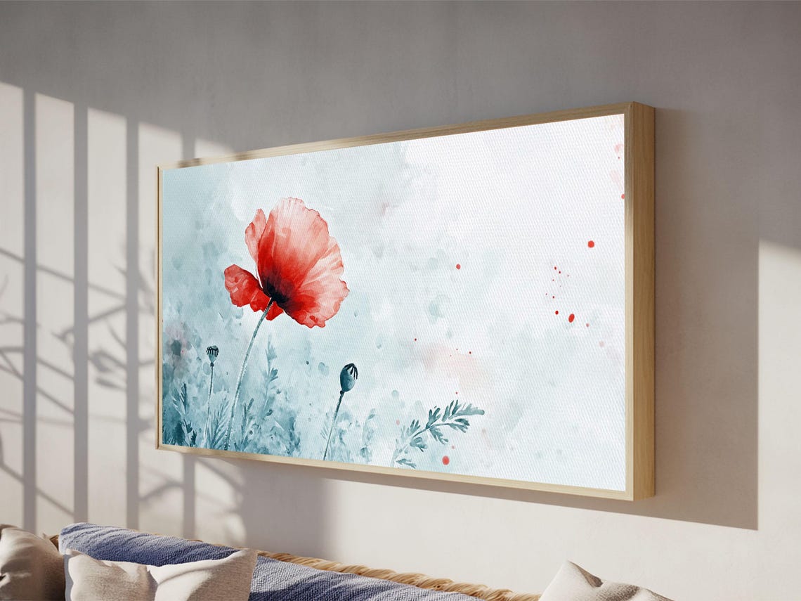 Single Red Poppy Watercolor Minimalist Floral Botanical Wall Poster - Image 3