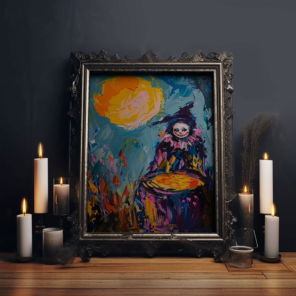 Colorful Witch Mixing Potions Under Moon Whimsical Halloween Art Print - Image 6