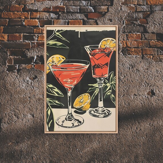 Vintage Red Martini Cocktails Woodblock Style Framed Bar Art Poster