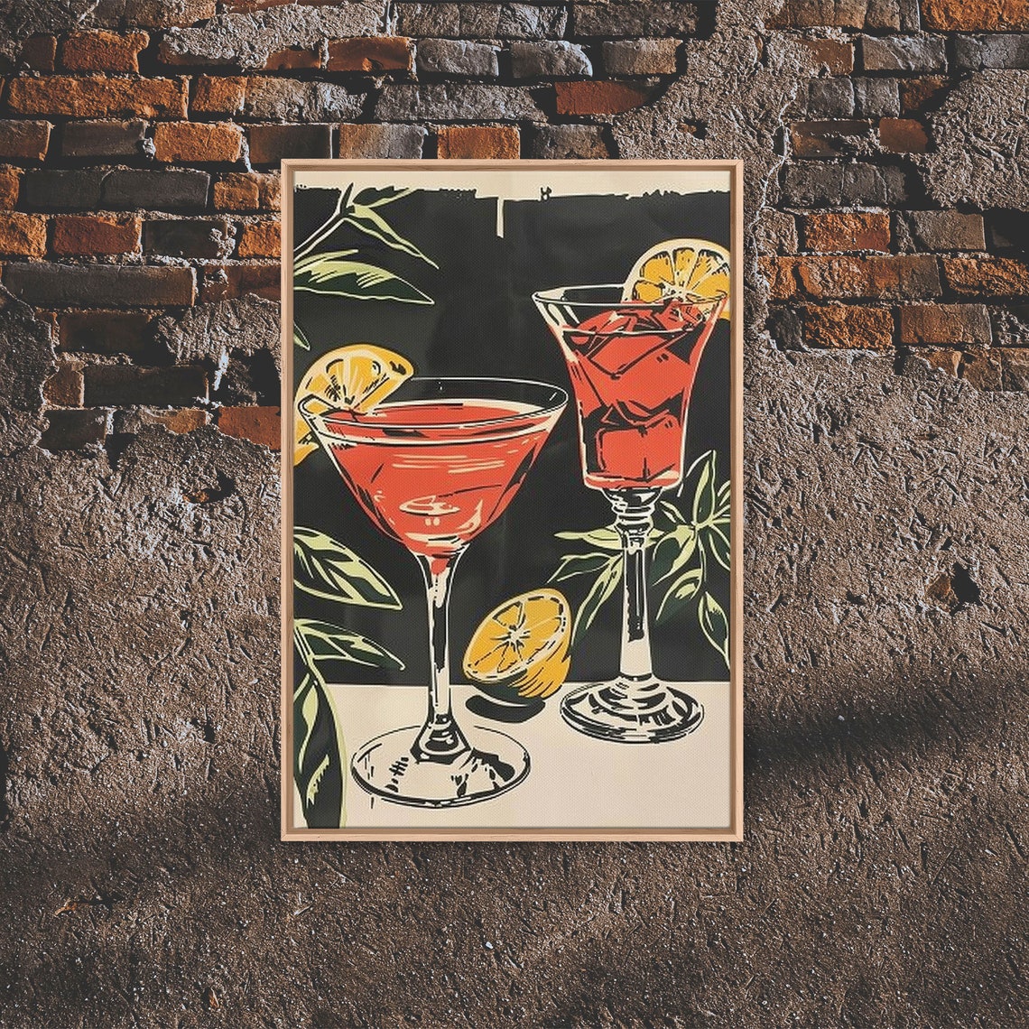 Vintage Red Martini Cocktails Woodblock Style Framed Bar Art Poster
