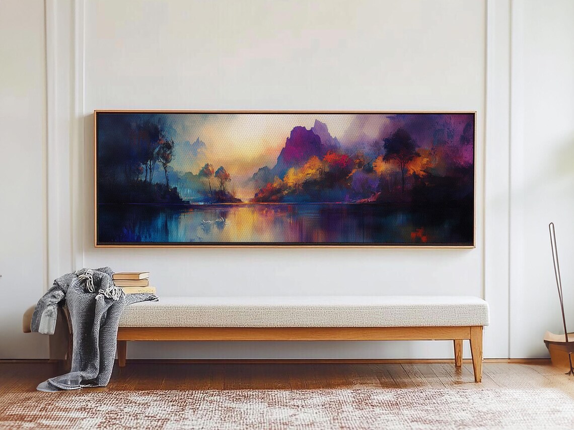 Dreamy Print Fall Landscape Art Mountain Mist Moody Panoramic Rustic Above Couch Extra Wide Wall Art Bedroom Decor - Image 2