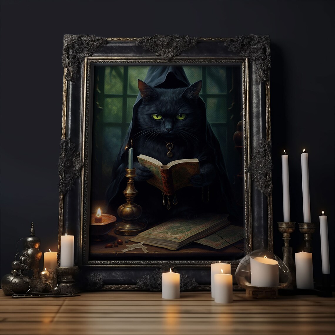 Black Cat Witch's Familiar, Vintage Halloween Art Print