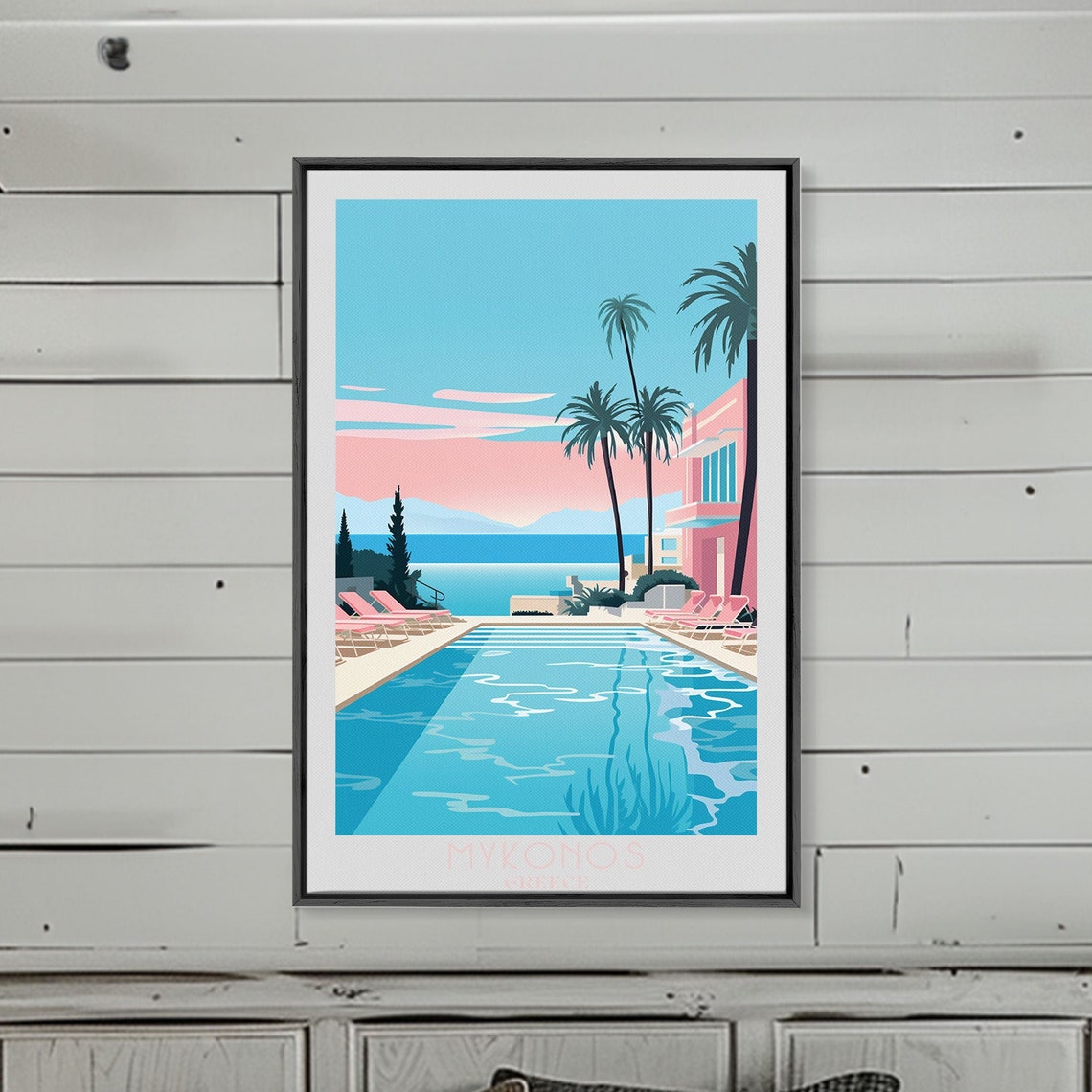 Mykonos Greece Poolside Palm Trees Pink Sunset Sea View Poster - Image 5