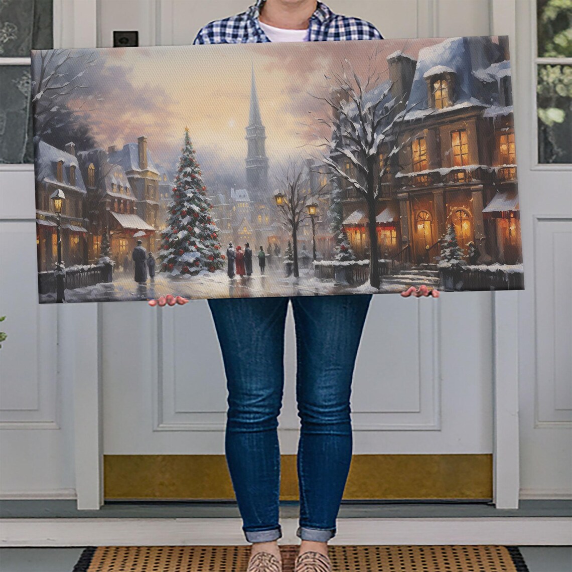 Old Town Christmas Street With Tall Tree And Church Spire Night Poster - Image 4