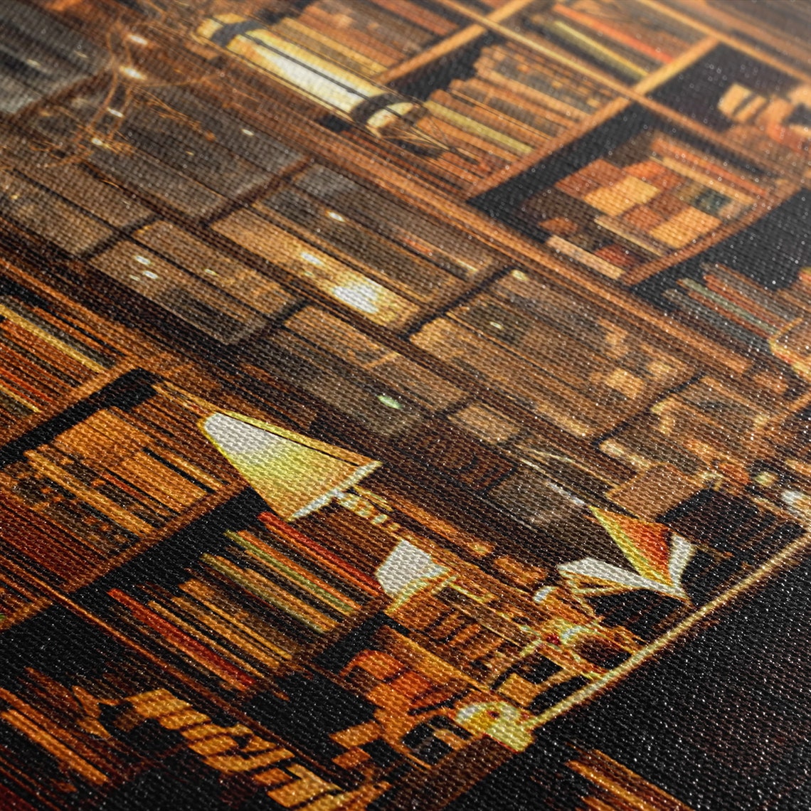 Cozy Old Library Interior Warm Lanterns Bookshelf Moody Wall Art - Image 2