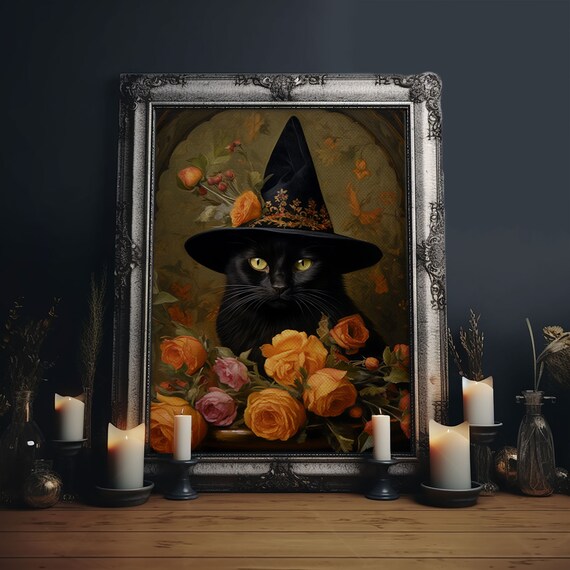 Black Cat In Rose Covered Witch Hat Among Orange Roses Poster