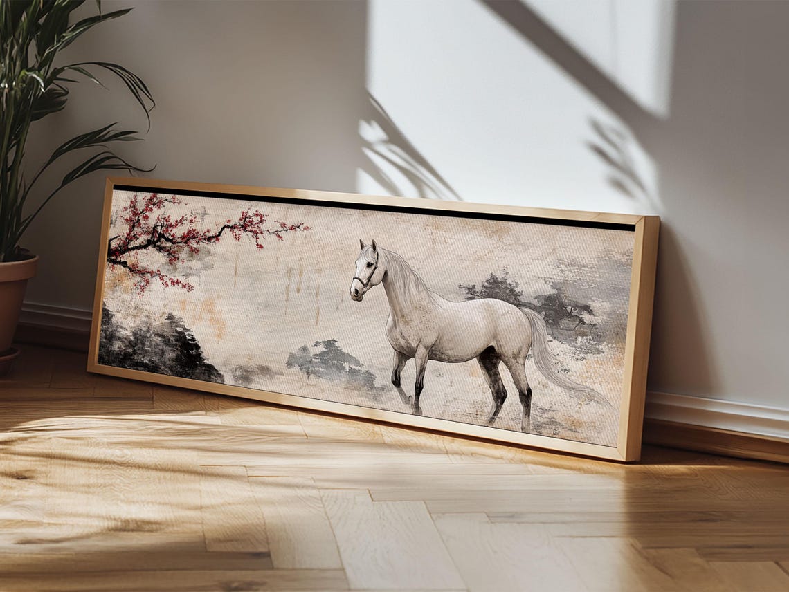 White Horse Cherry Blossom Panoramic Ink Wash Chinoiserie Art Poster - Image 2