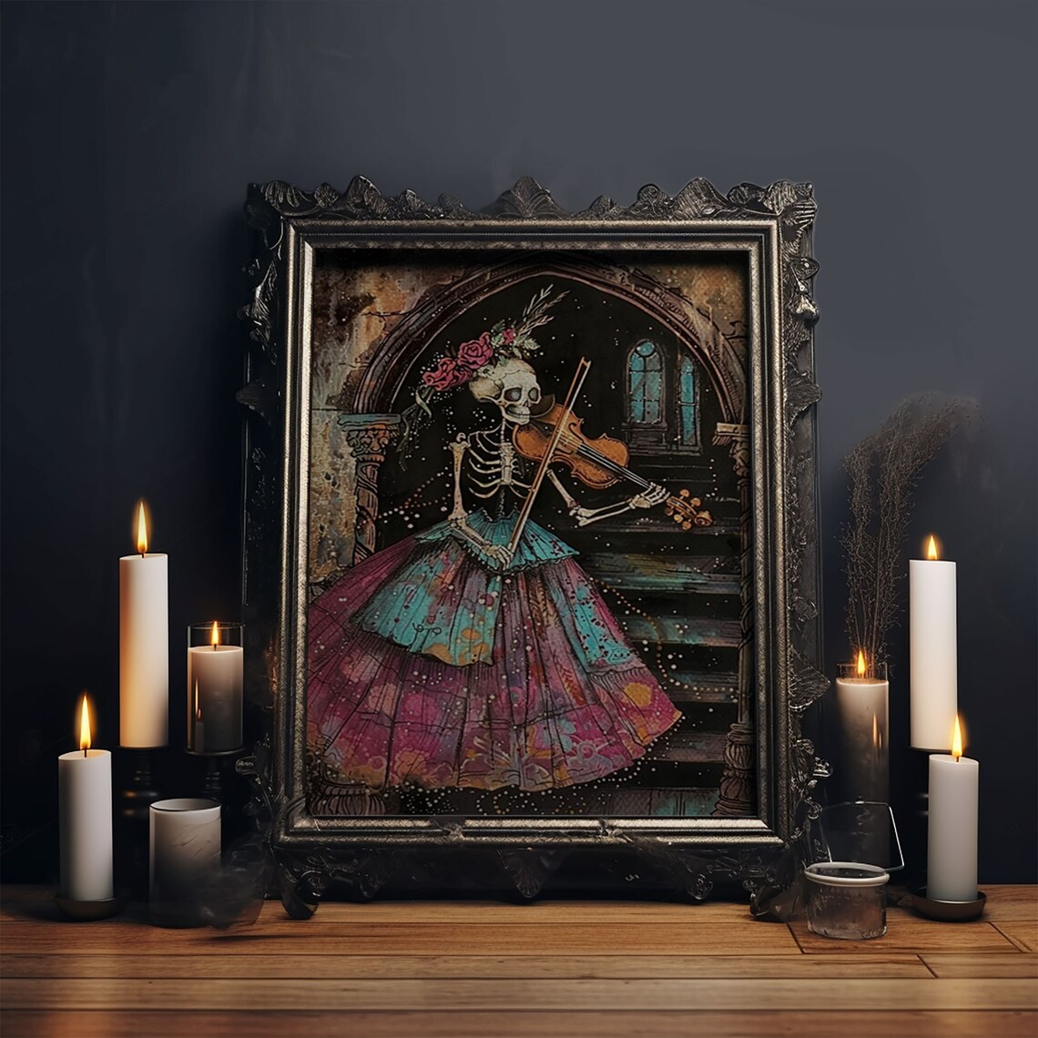 Gothic Skeleton Violinist Elegant Floral Gown Dark Archway Halloween Poster - Image 5
