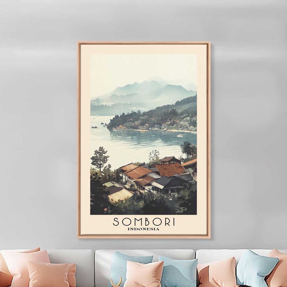 Sombori Indonesia Misty Lake Village Hillside Boats Watercolor Travel Poster - Image 3