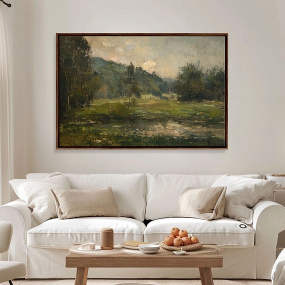 Slightly Scorched Vintage Farmhouse Countryside Landscape Art Print Moody Painting Wall Art Large Print Minimalist Decor