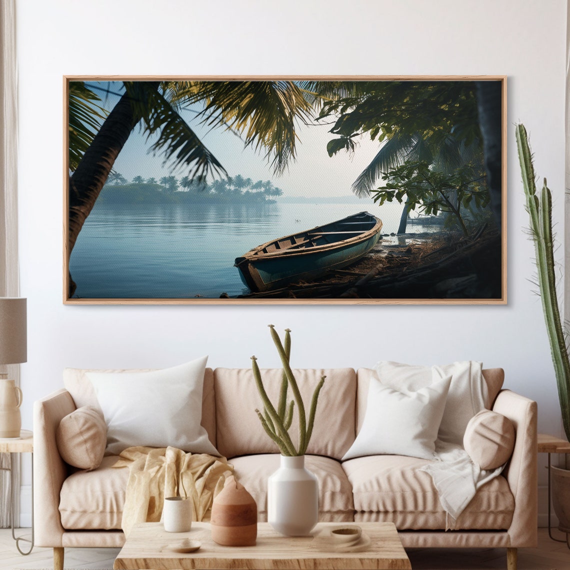 Abandoned Wooden Canoe Misty Tropical Lake Palm Trees Dawn Poster - Image 3