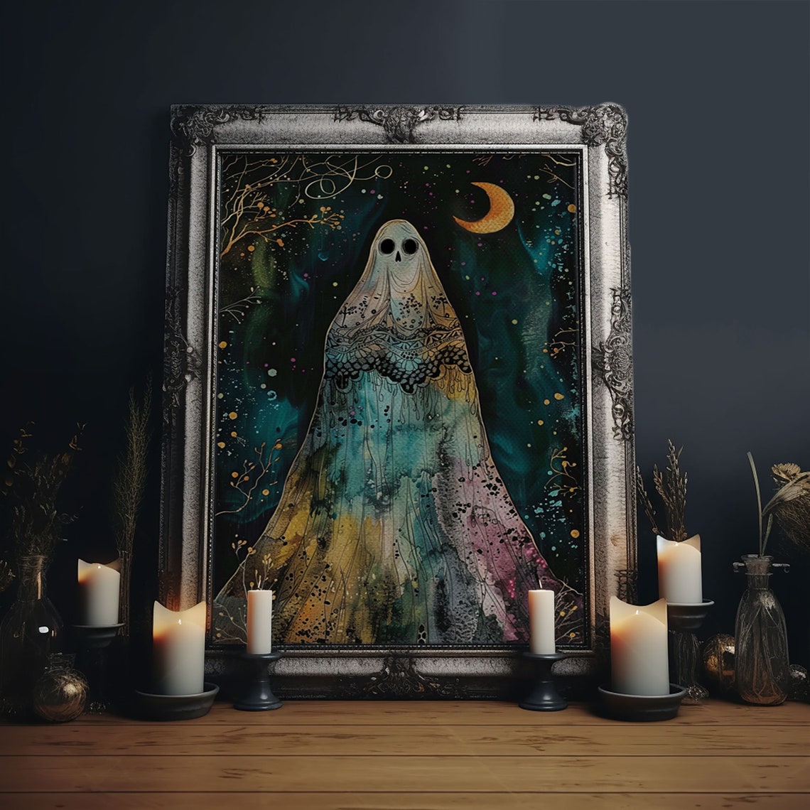 Cottagecore Veiled Ghost Crescent Moon Starry Night Art Poster