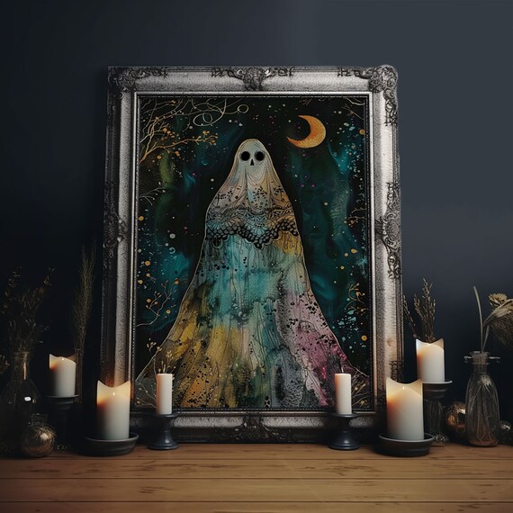 Cottagecore Veiled Ghost Crescent Moon Starry Night Art Poster