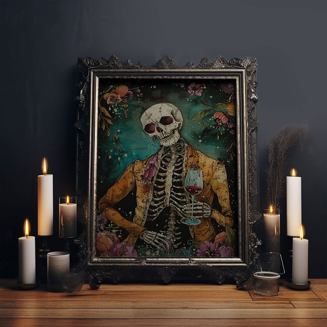Colorful Day Of Dead Skeleton Gentleman Wine Glass Art Poster - Image 5
